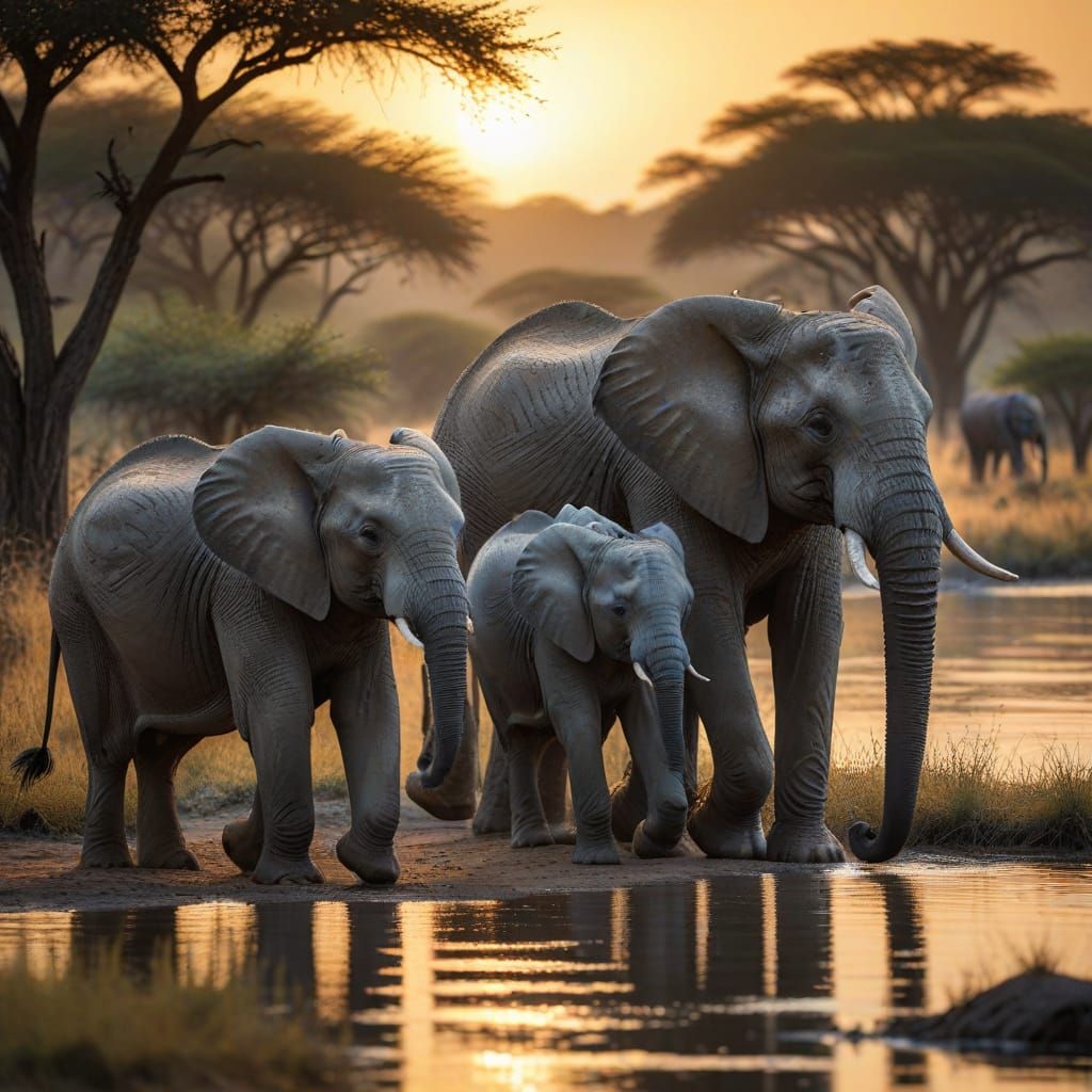 Majestic Elephants Approach Serene Lake at Sunset