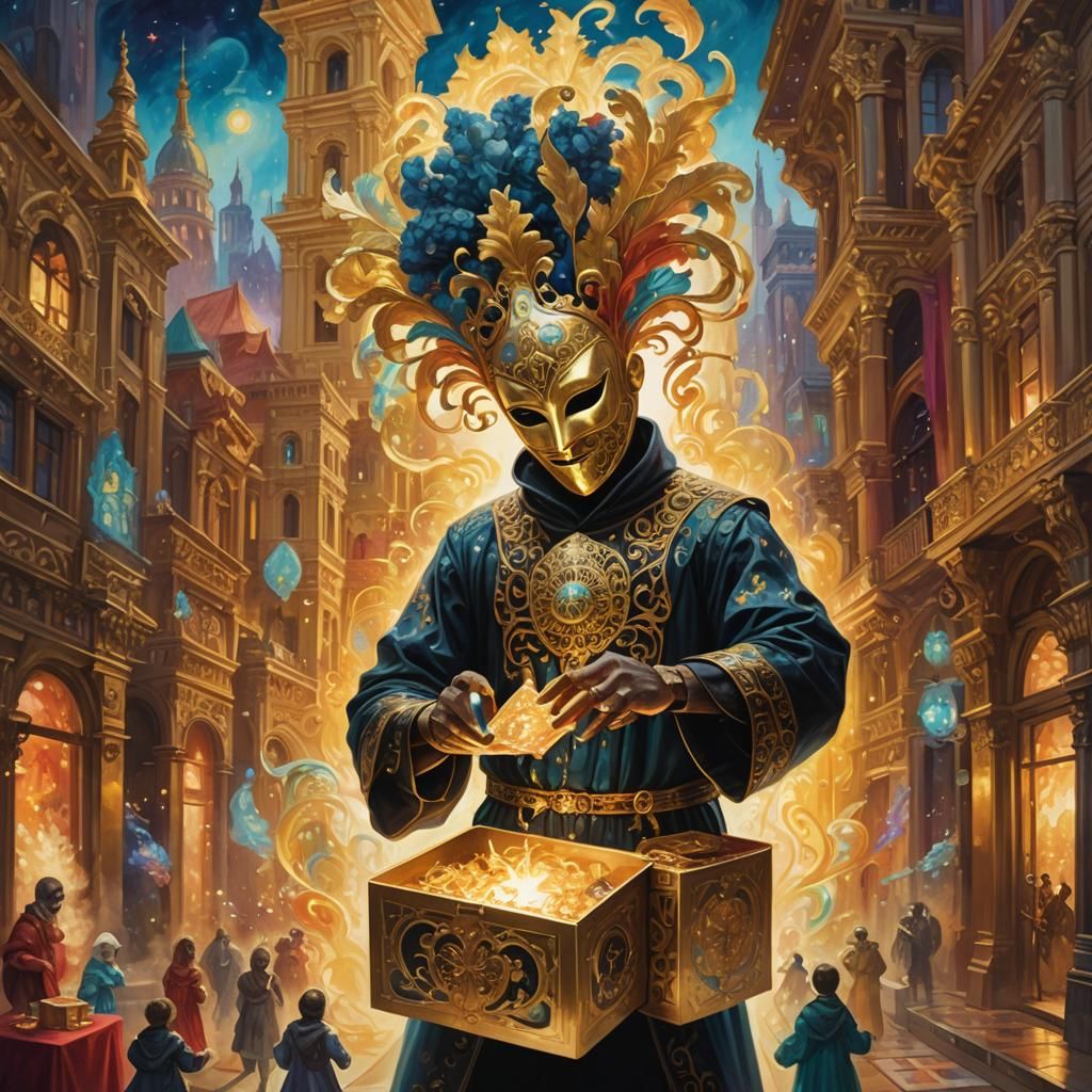 Masked Figure with Glowing Box in Golden Metropolis
