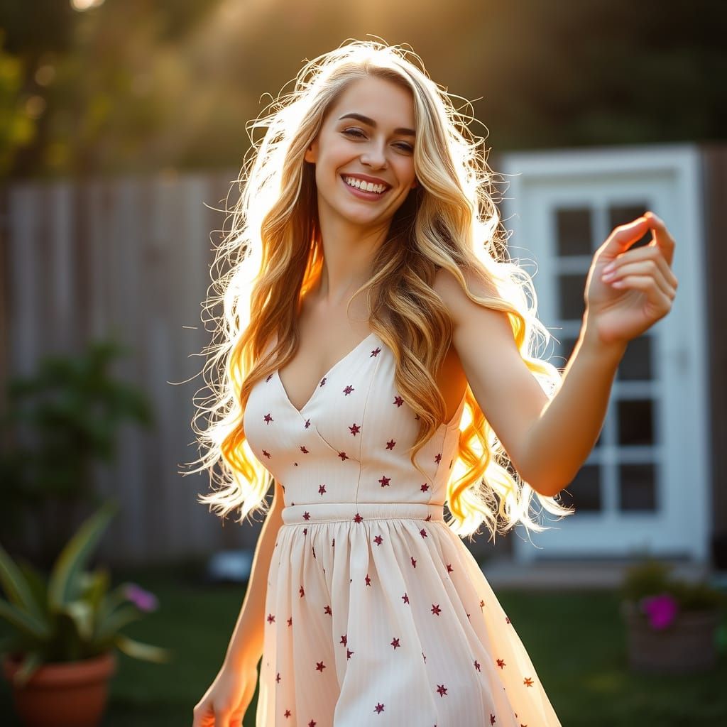 Woman Dancing in Backyard Under Divine Sunshine