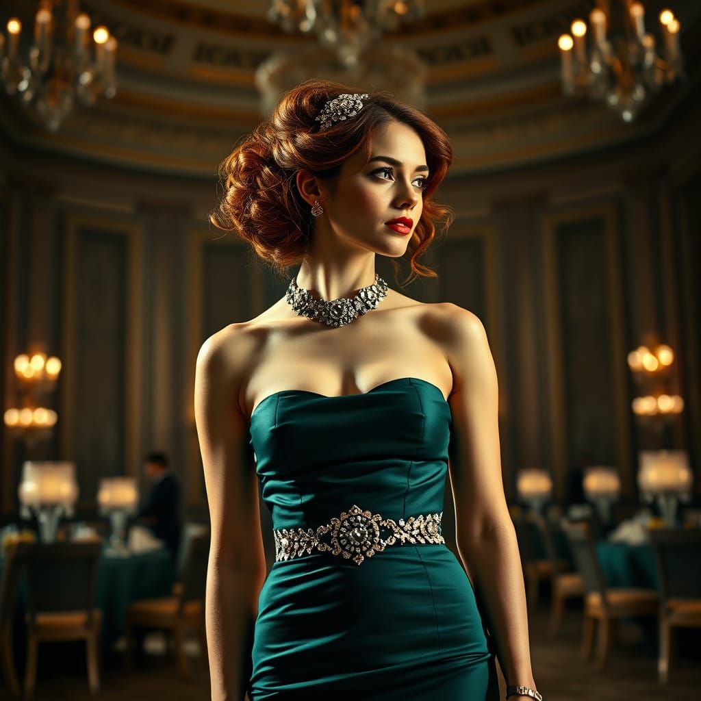 Woman in a Hyperealistic Forest Green Ball Gown