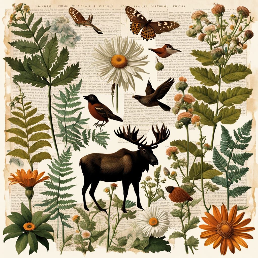 Vintage Botanical Collage with Flora and Fauna