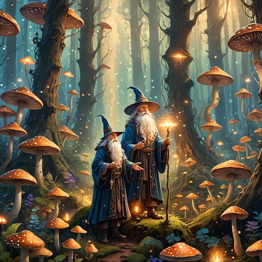Mystical Wizard in Glowing Mushroom Forest