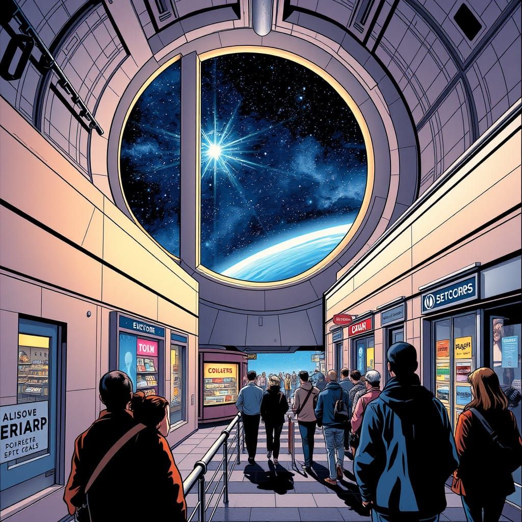 Cosmic Spaceport Scene in Vibrant Comic Book Style