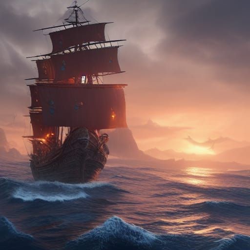 Pirate Ship Battle on Lone Sea: Detailed Matte Painting