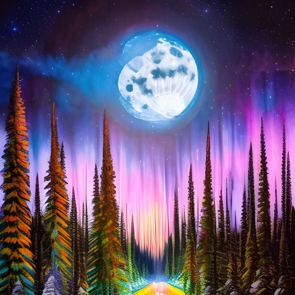 Aurora Borealis Illuminates Cold Moon in Fantasy Painting