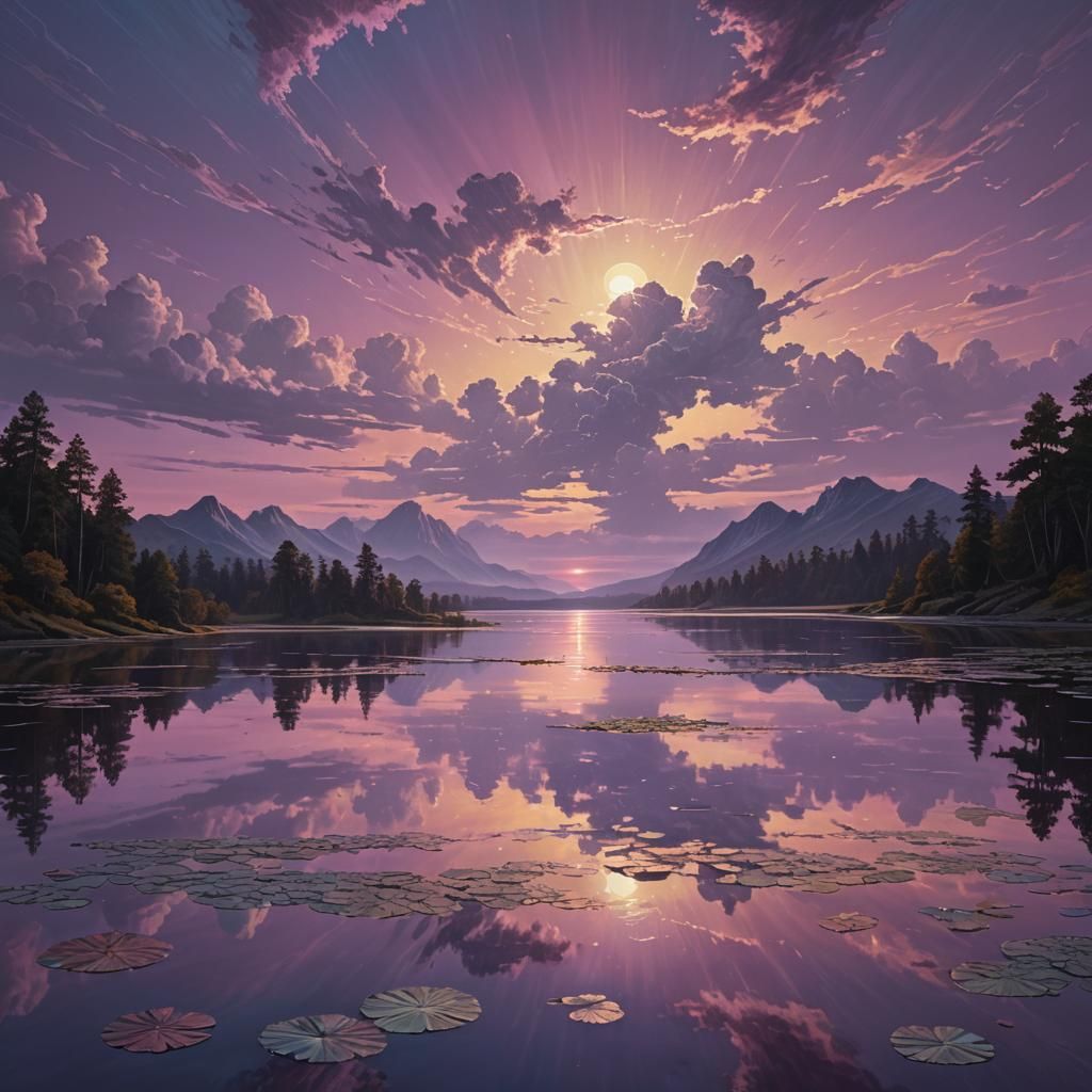 Iridescent Light Dances on Tranquil Lake at Twilight