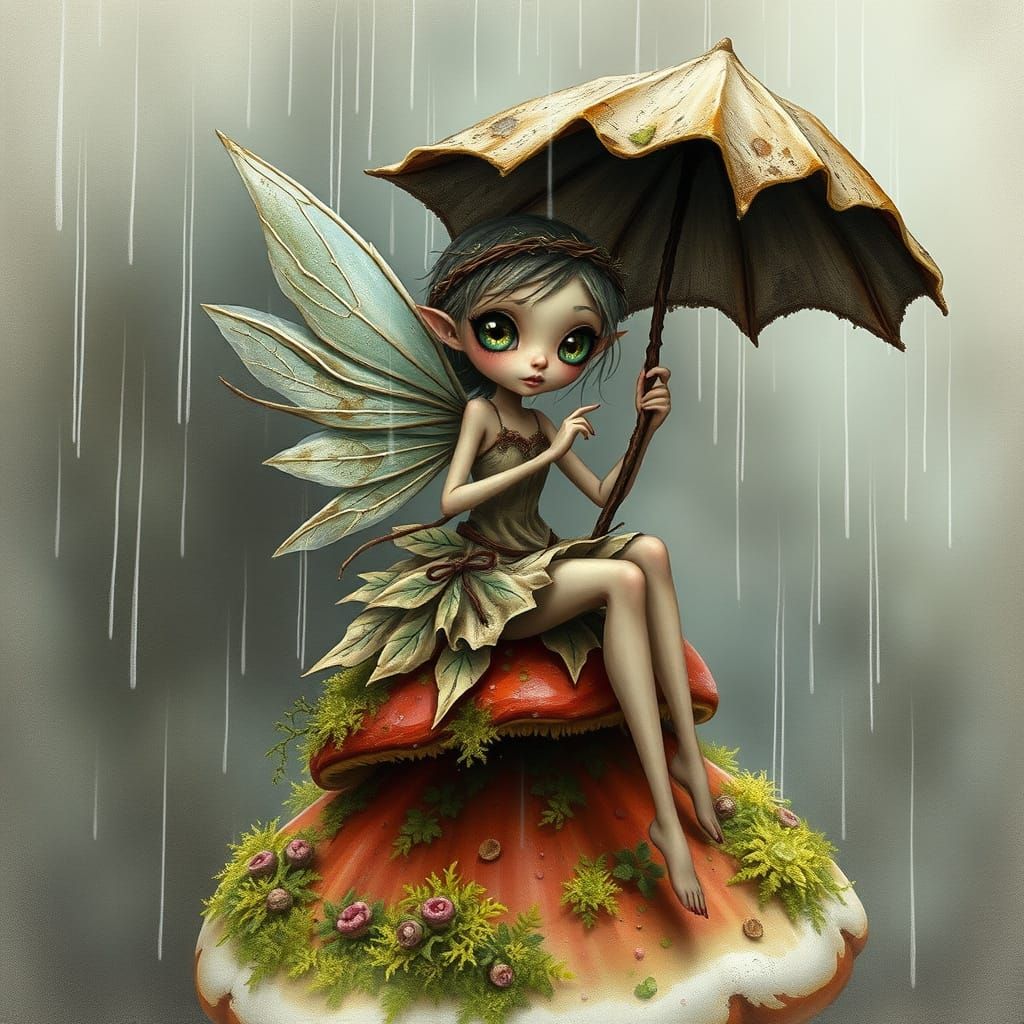 Whimsical Fairy in Downpour: Ethereal Fantasy Art