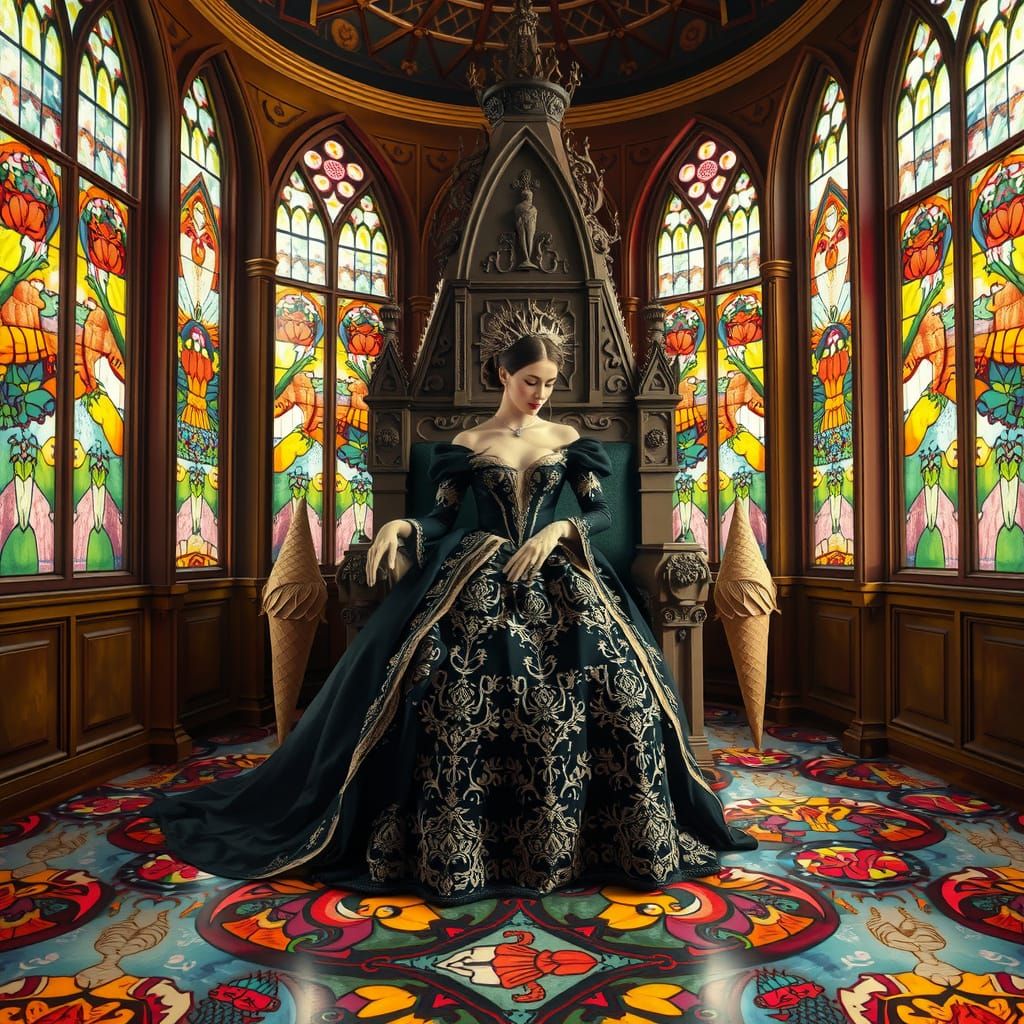 Gothic Queen on Ice Cream Throne, Surreal Digital Art