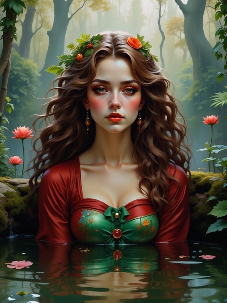 Woman in Vintage Swimsuit Surrounded by Lush Forest in Art N...