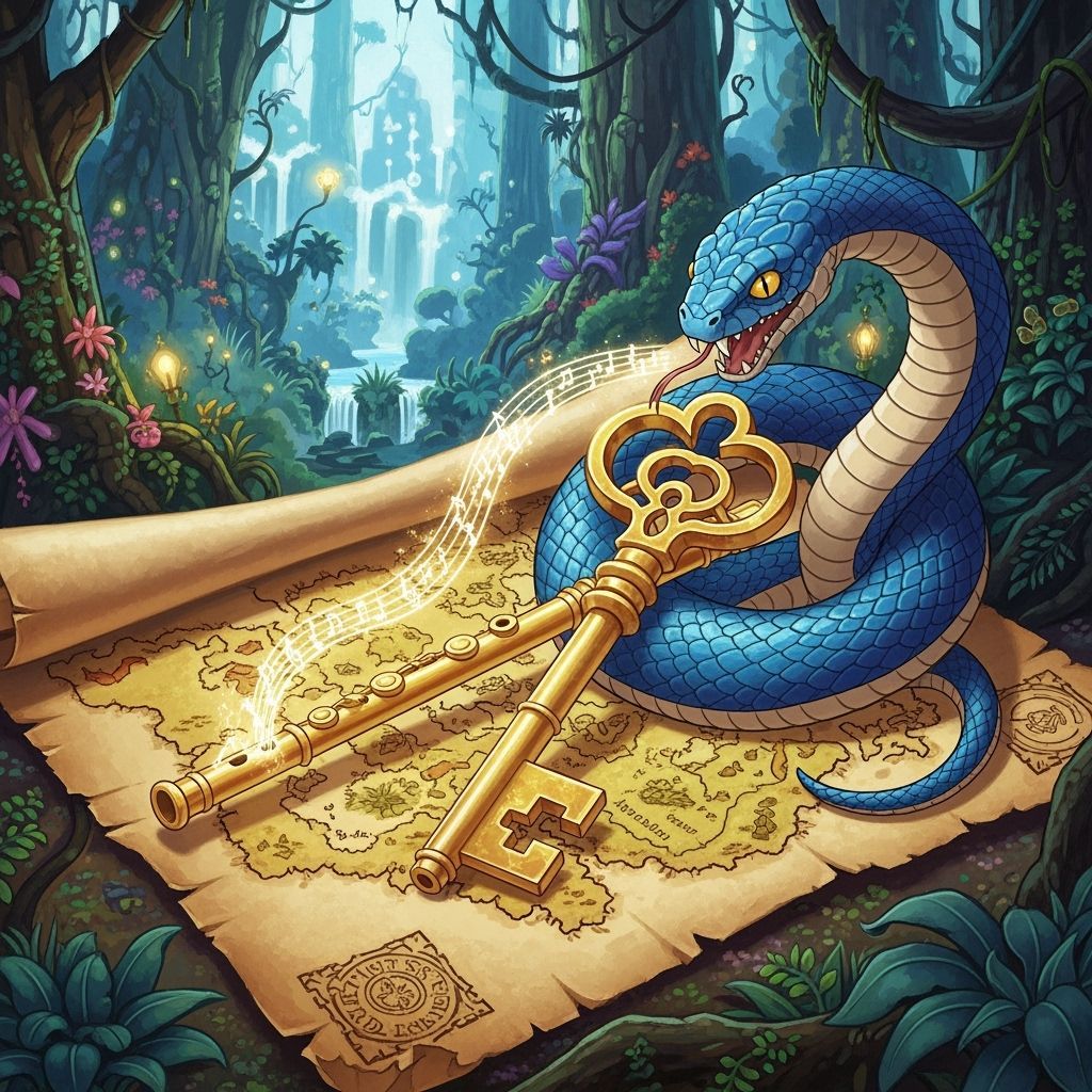 Treasure Map with Golden Flute and Blue Snake
