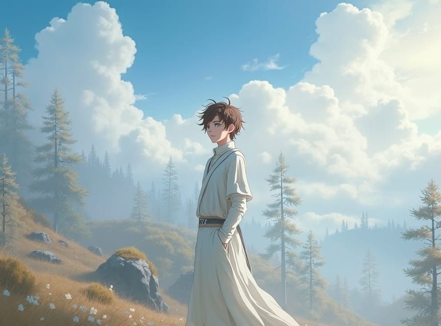 Anime Man in Misty Forest, Hyperdetailed Digital Art