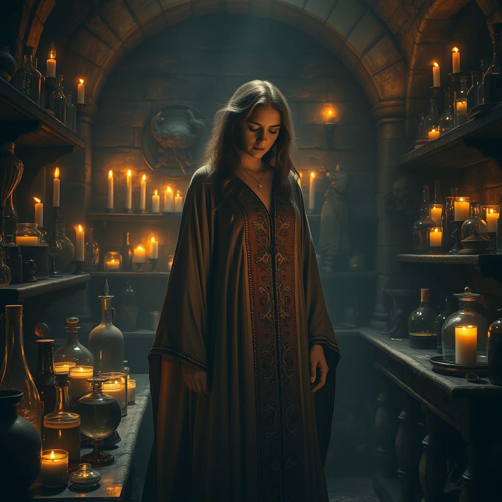 Medieval Apothecary Woman in Mystical Atmosphere