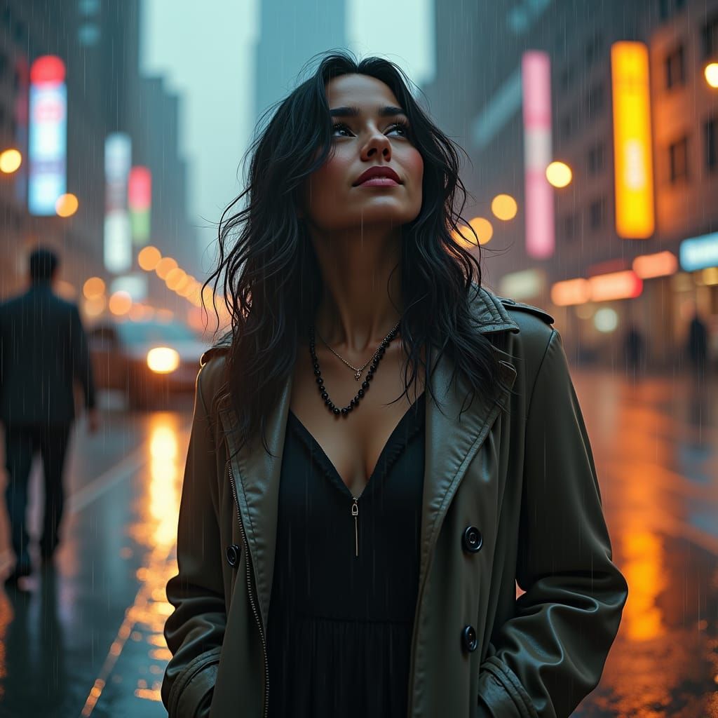 Latina Woman Embraces Rain in Cityscape Matte Painting