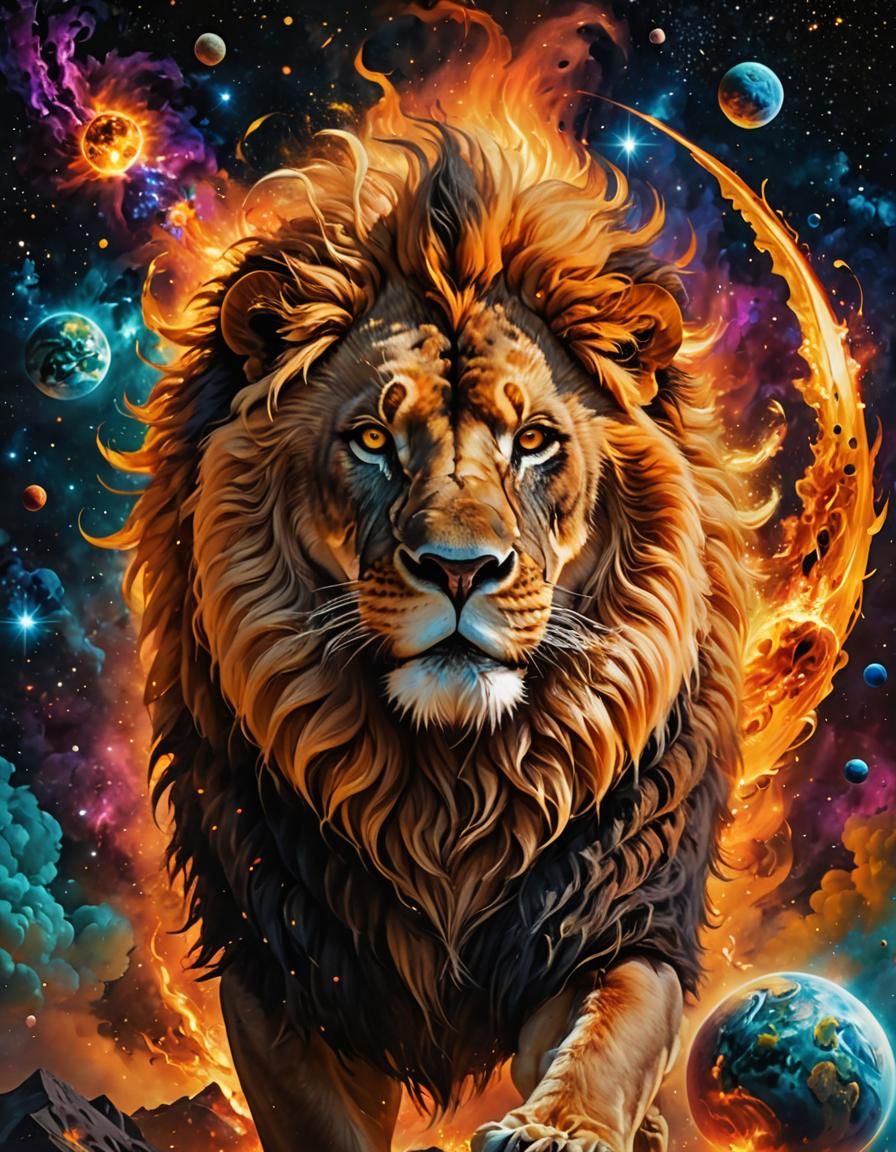 Majestic Lion Portrait with Cosmic Fire