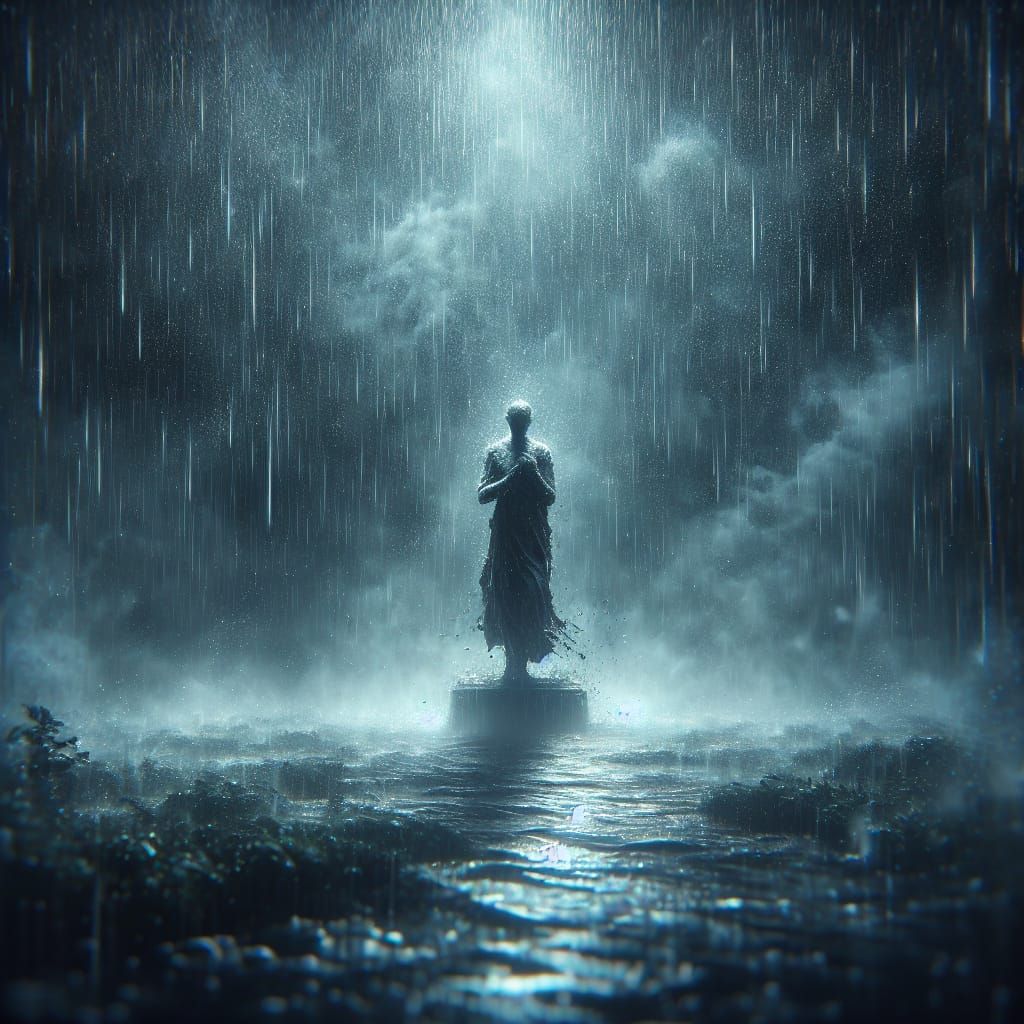 Statue in Rain: Profound Sadness in Digital Art
