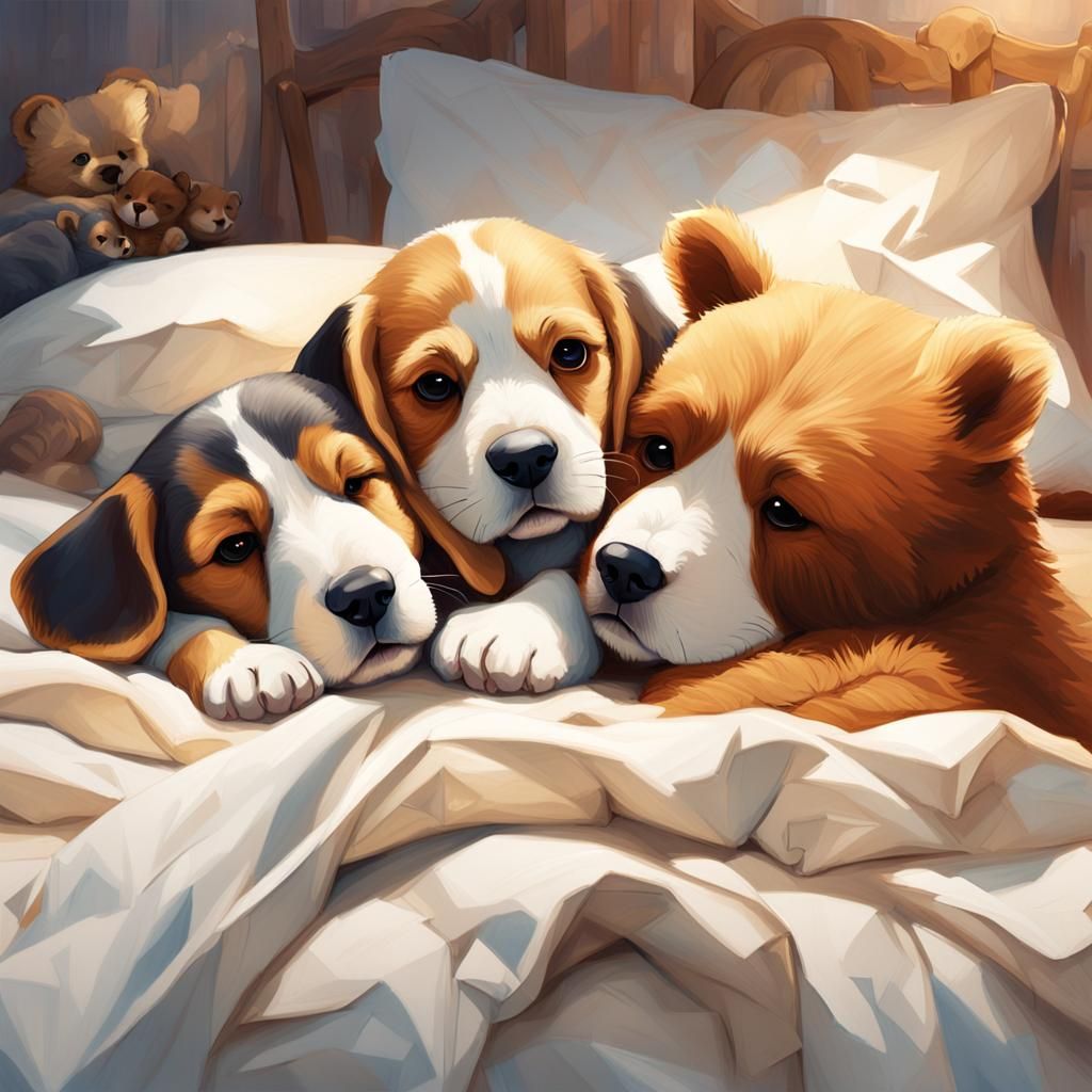 Beagle, Kitten, and Teddy Bears Relaxing in Bed