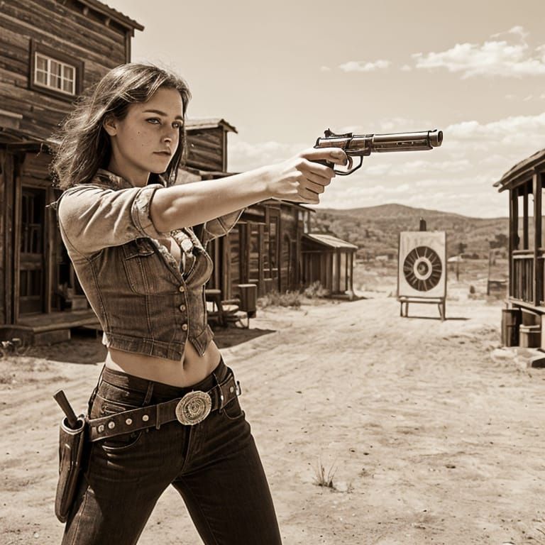 Cowgirl Shooting Revolver in Vintage Sepia Film Style