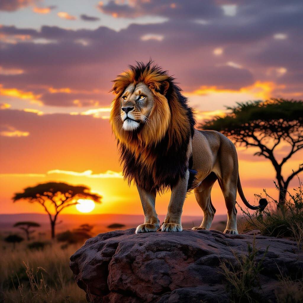 Fiery Lion at Sunset on African Savanna