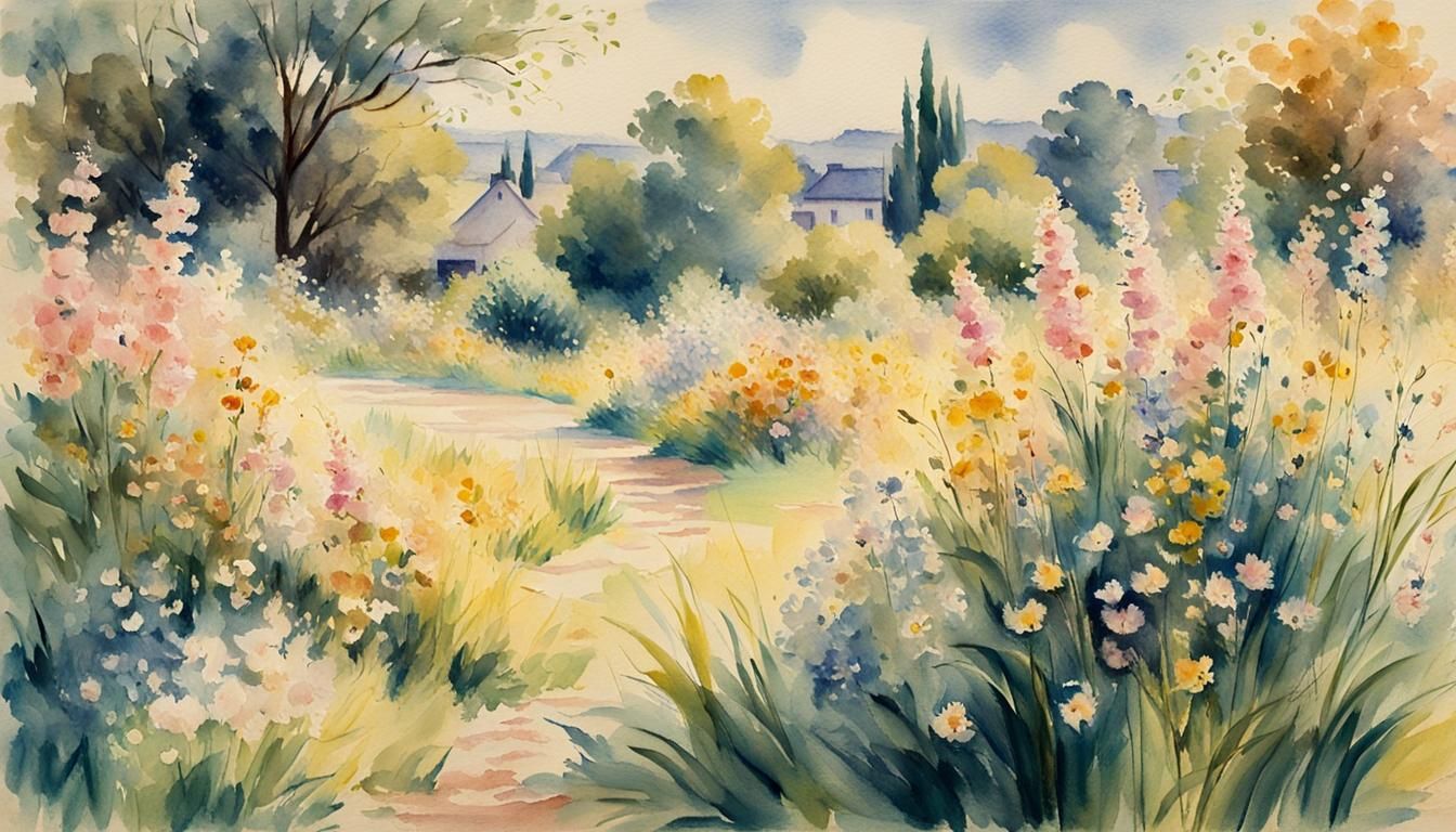 Impressionist Watercolor Garden Scene with Rabbit