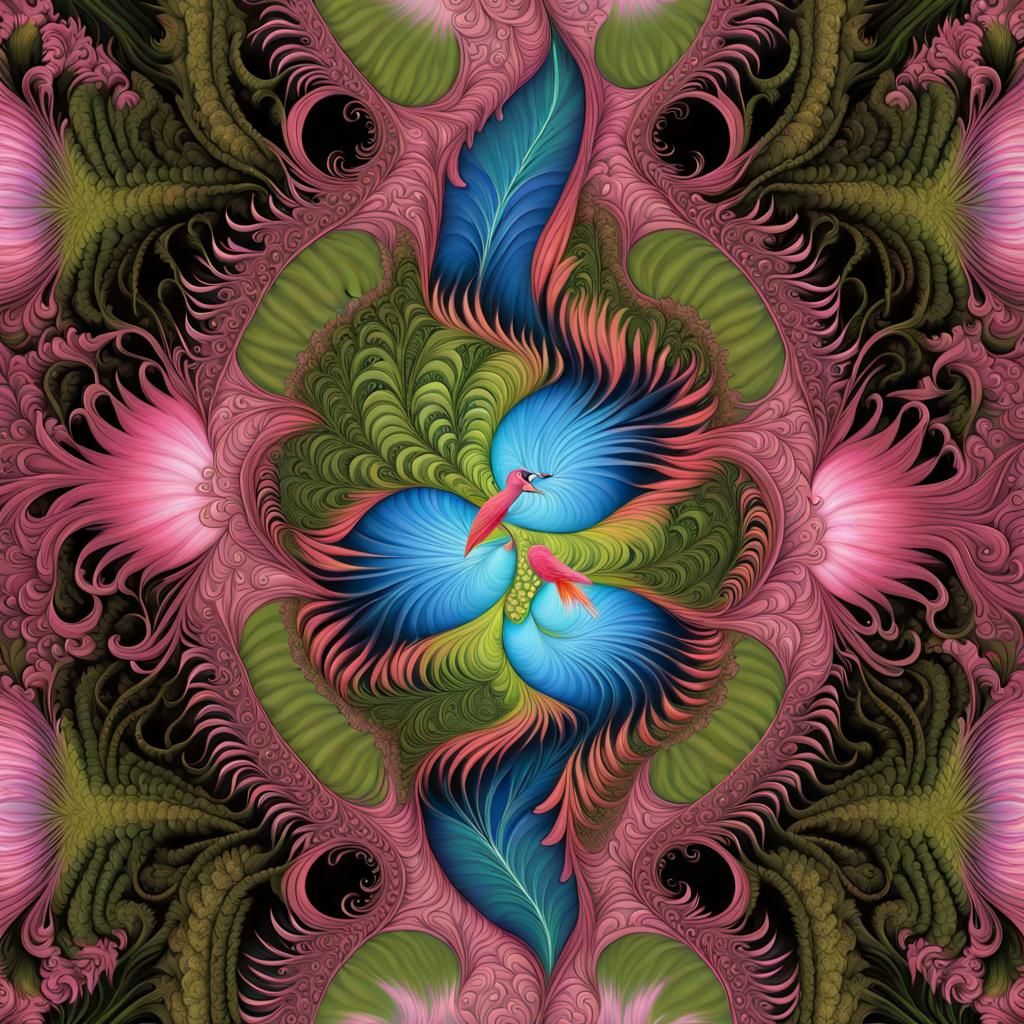 Love Birds and Peacock Lanterns in Fractal Art