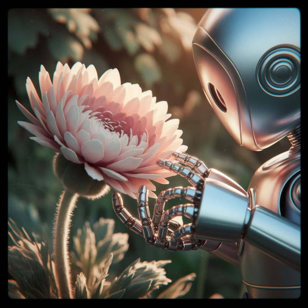 Robot Examines Flower in Overgrown Garden