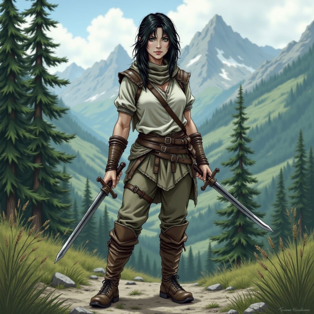 Vinneth in Fighting Stance with Short Swords in Mountain For...