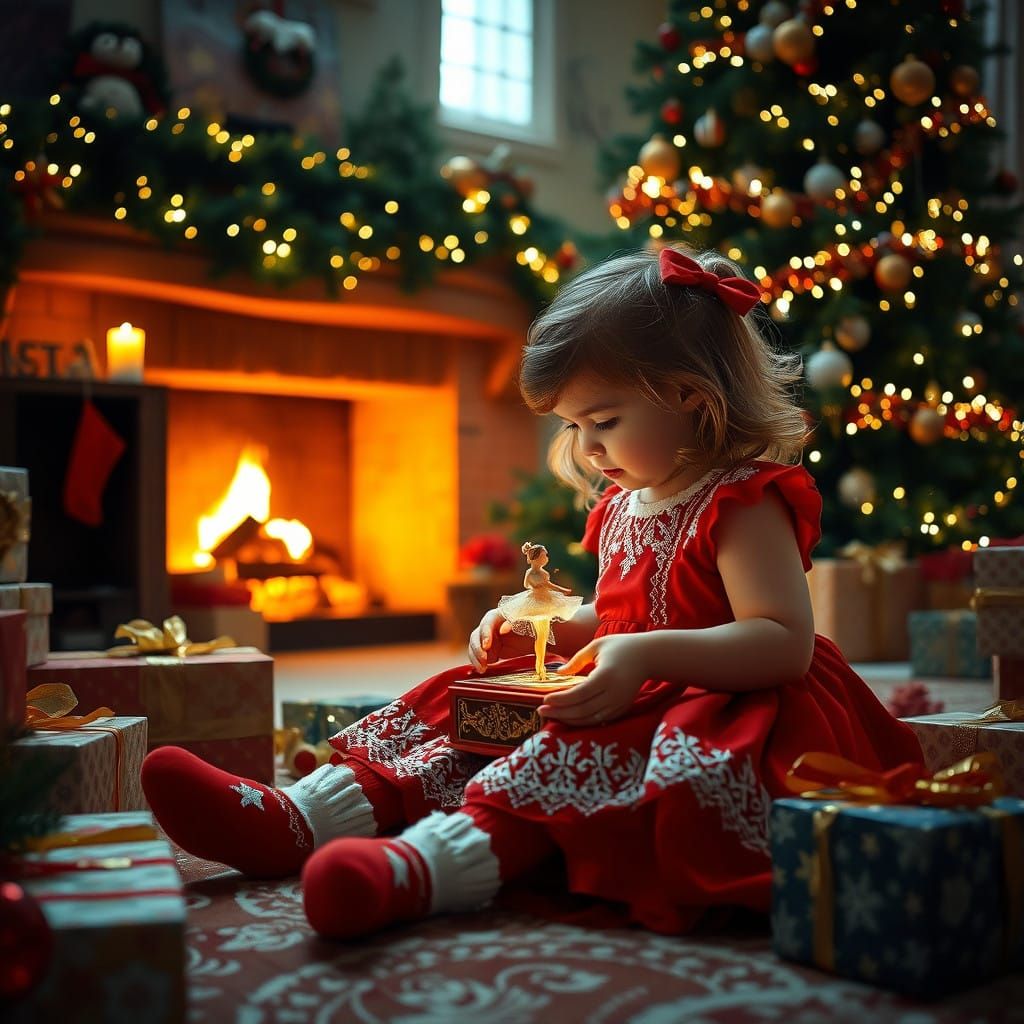 Little Girl's Christmas Magic Scene in Whimsical Style