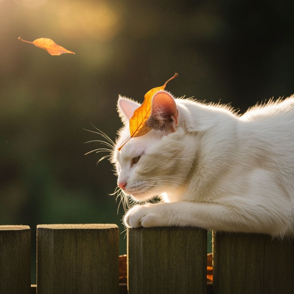 Cat Rests on Fence with Autumn Leaf, Soft Sunlight