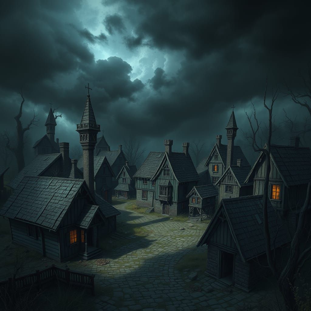 Decrepit Fantasy Village Under Dark Skies