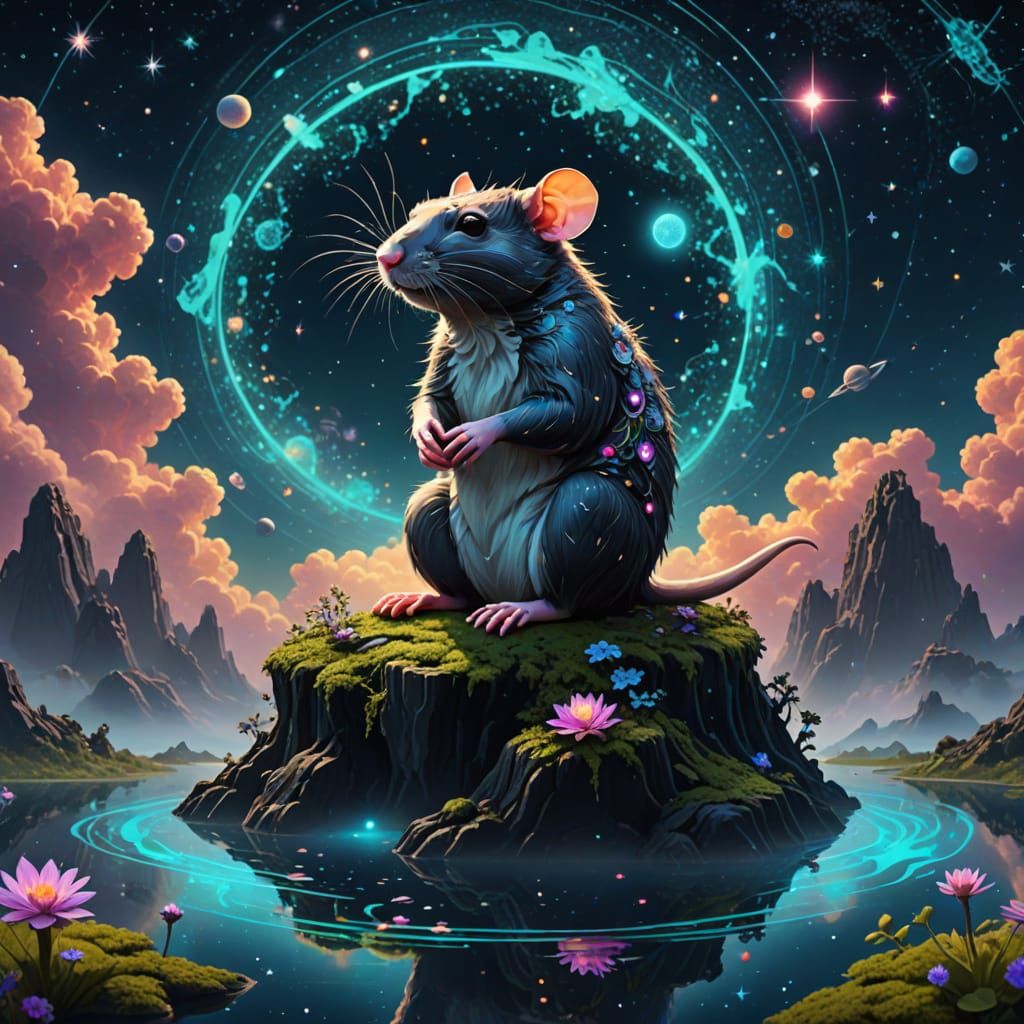 Celestial Rat God in Vibrant Cosmic Landscape