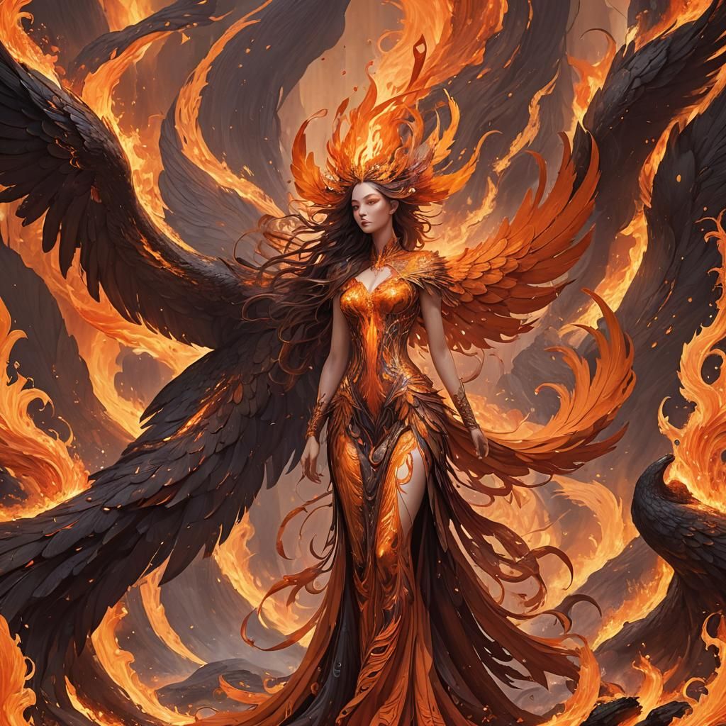 Girl in Phoenix Dress Amidst Fiery Landscape