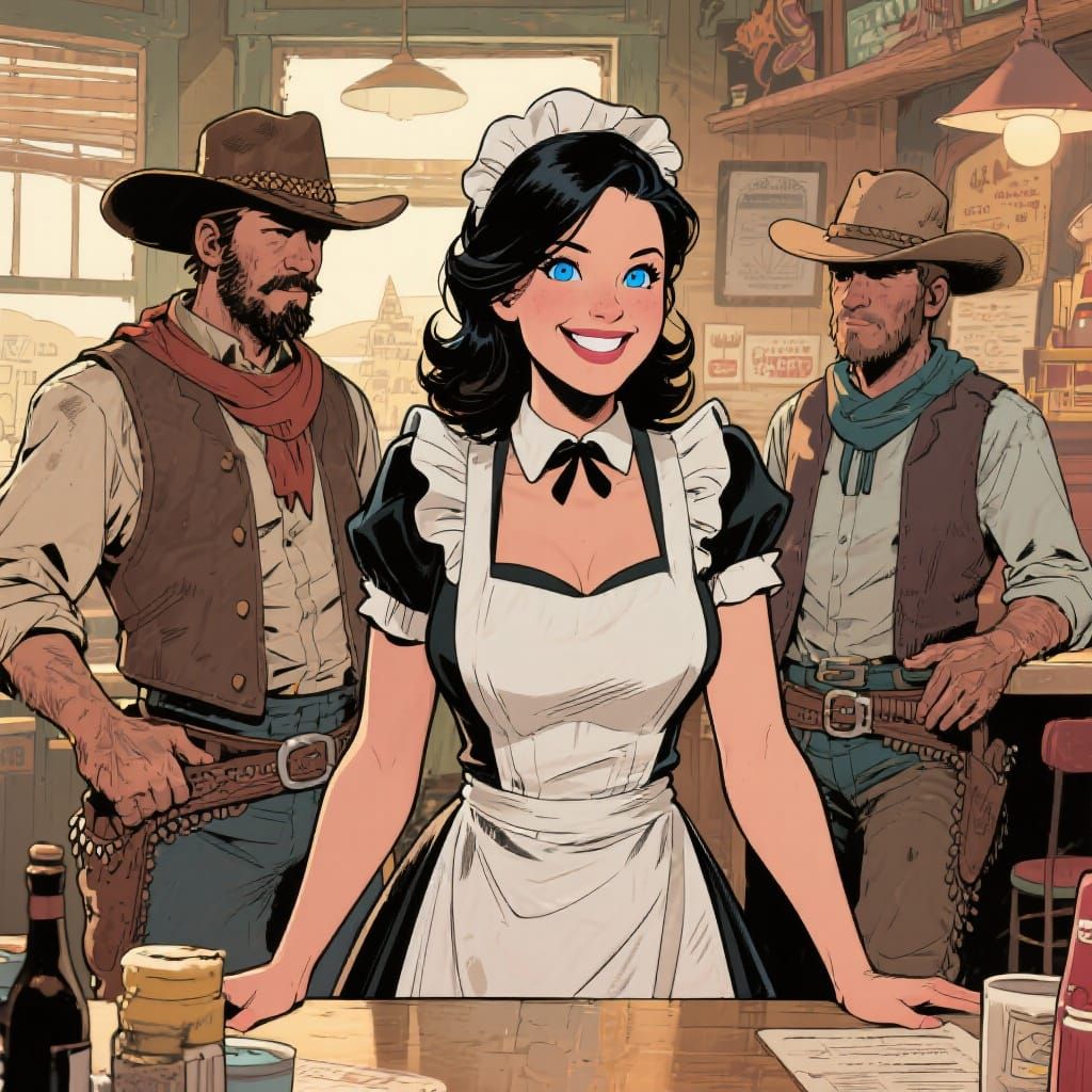 Cowboys and Waitress in Western Cafe, Comic Book Art