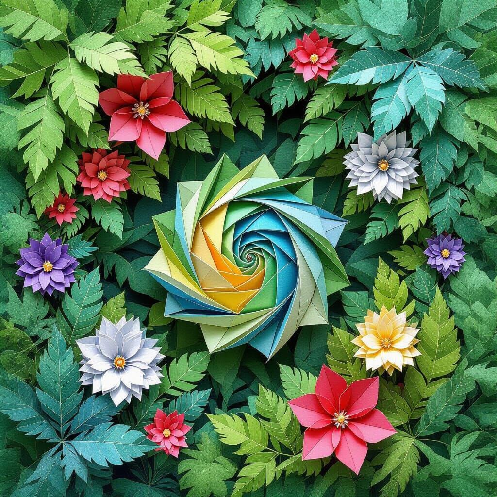 Intricate Origami Jungle in Escher and Miyazaki Styles