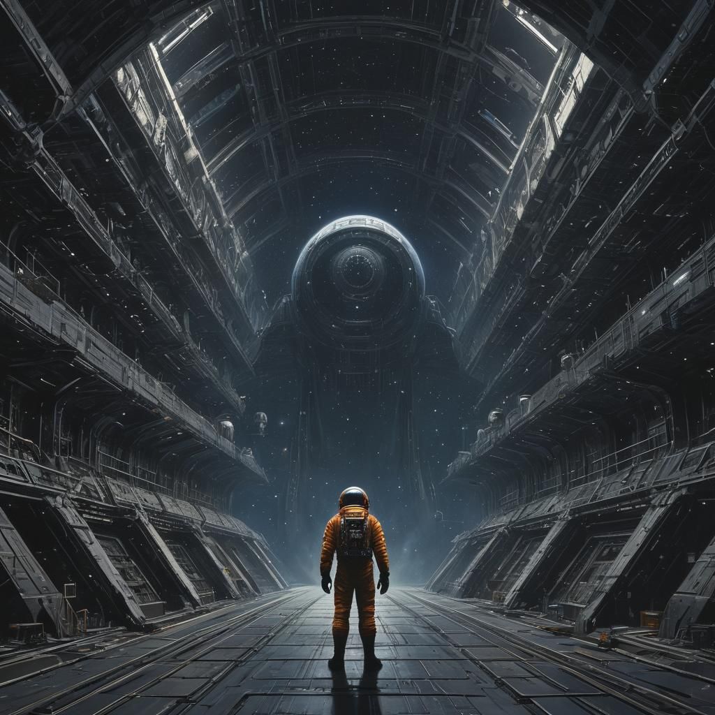 Retro-Futuristic Spaceman in Spaceship Cargo Bay