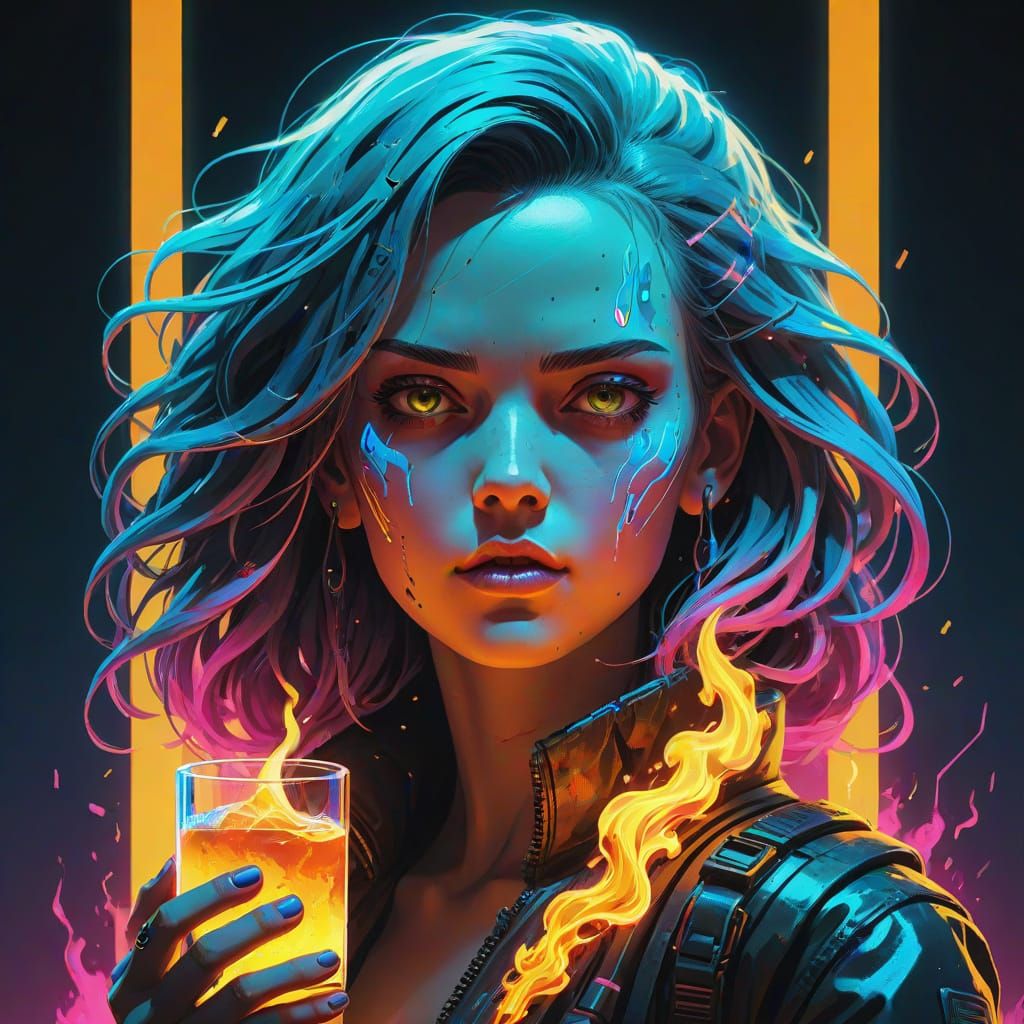 Surreal Cyberpunk Goddess Amidst Neon Flames