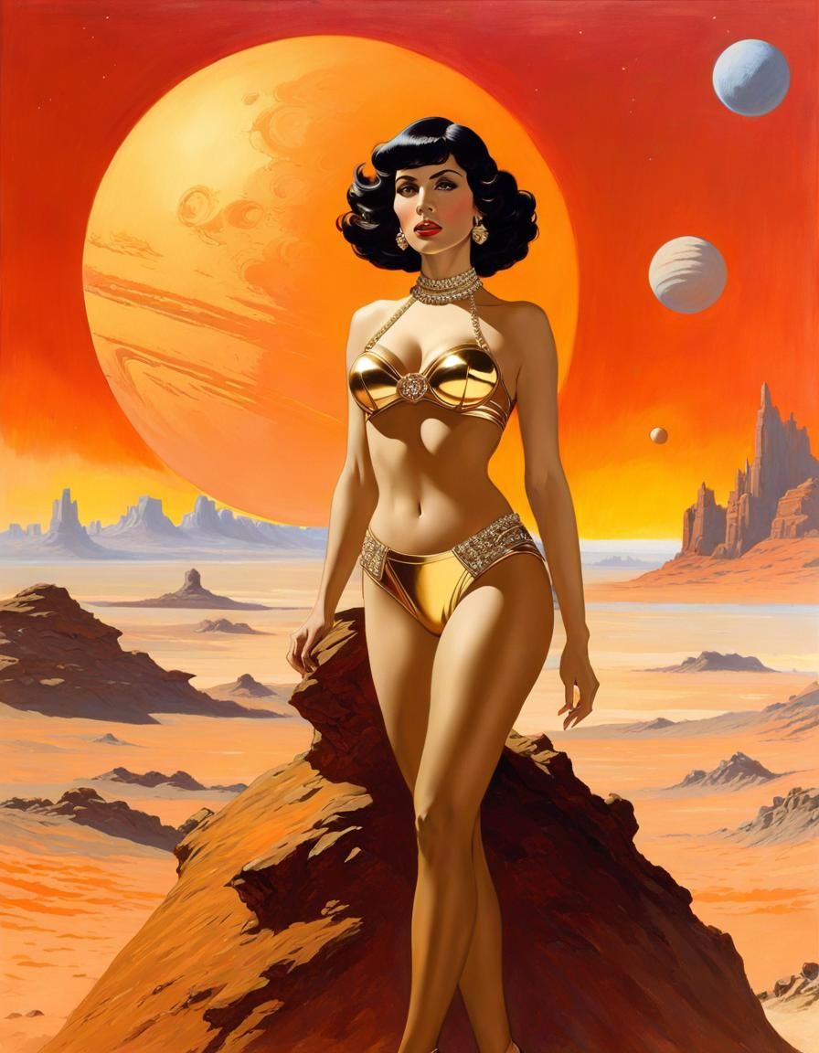 Retro Space Princess on Mars in Art Nouveau Style