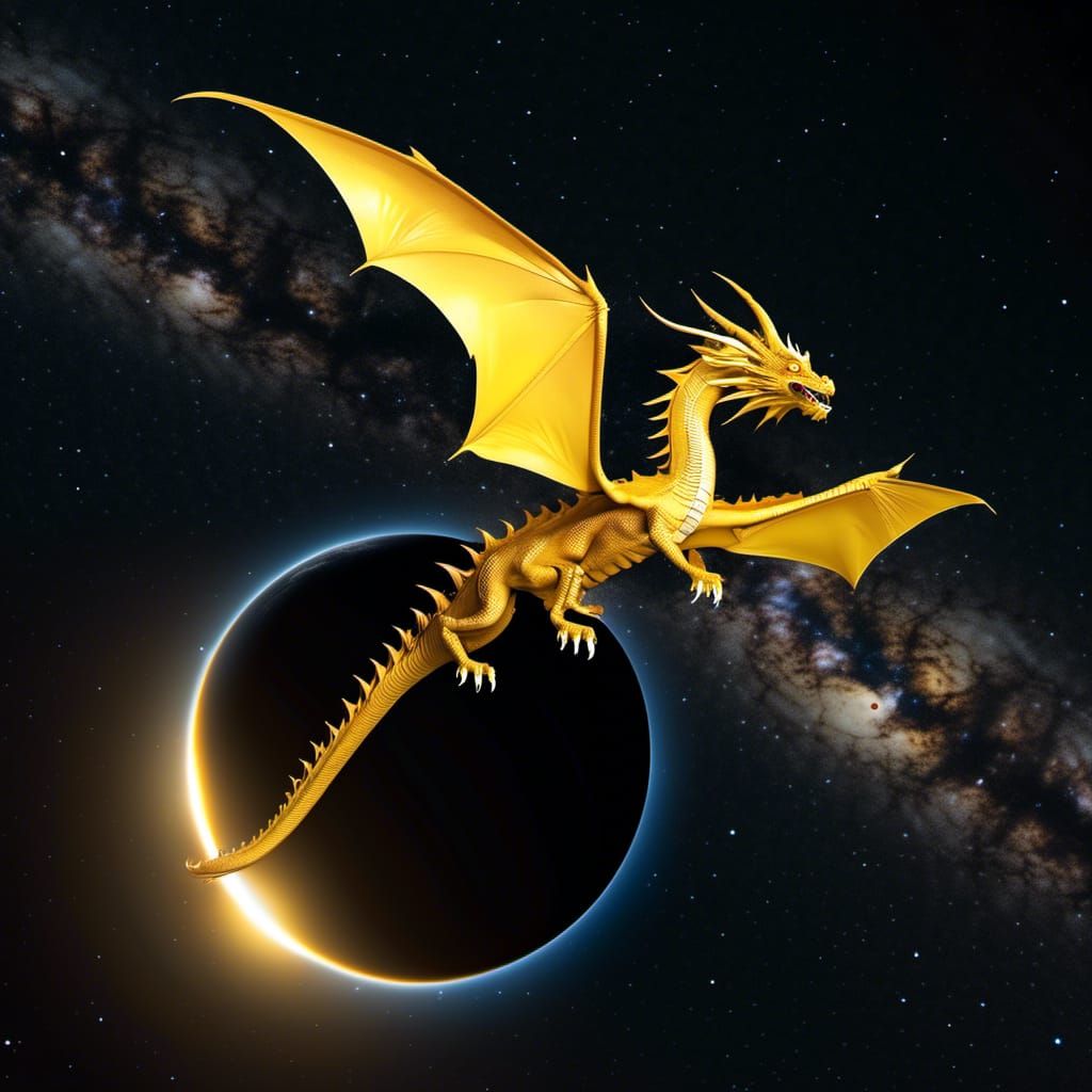Golden Dragon Flies Past Solar Eclipse in Sci-Fi Style