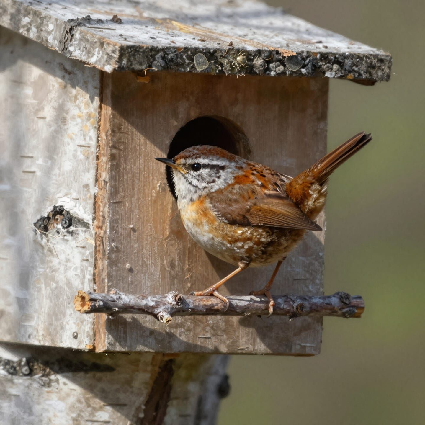 Alert Wren at Nesting Box Entrance in Sunlight