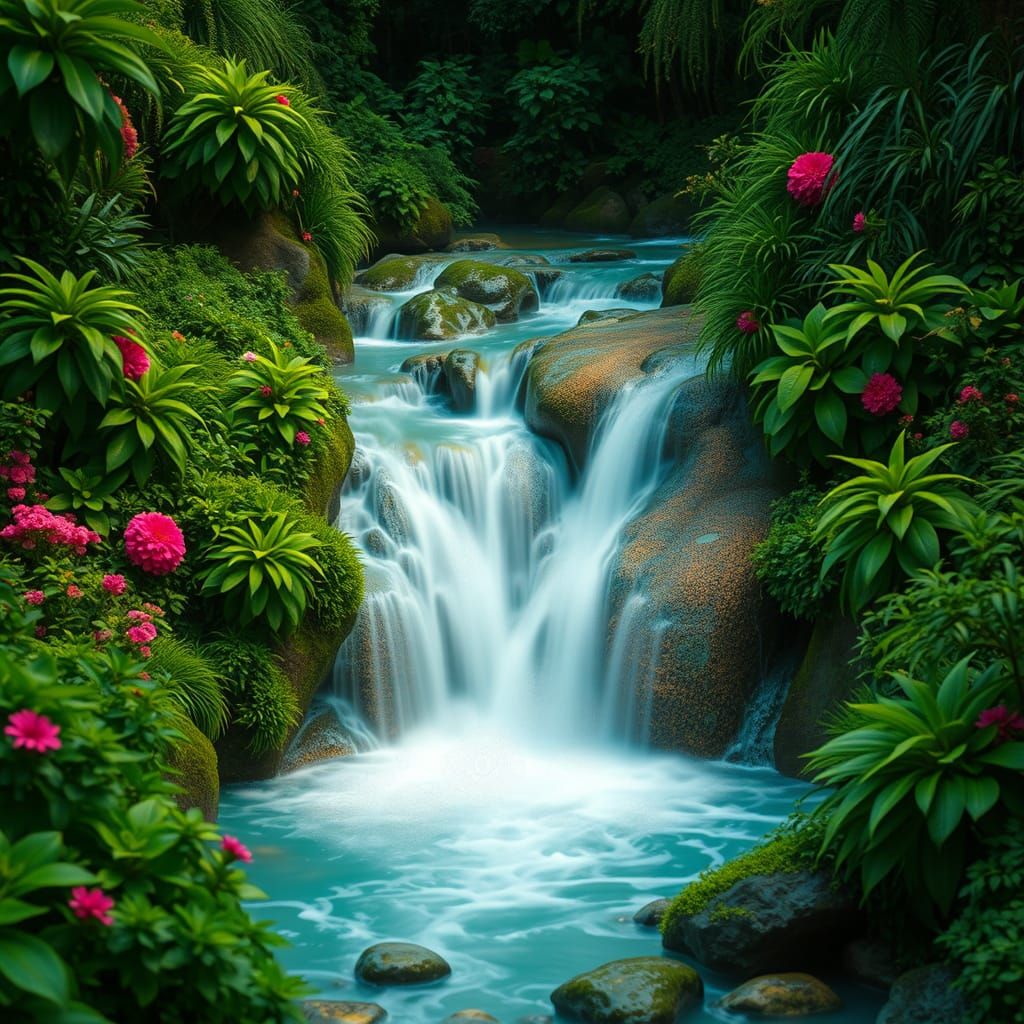 Vibrant Waterfall with Zentangle Patterns and 3D Shading