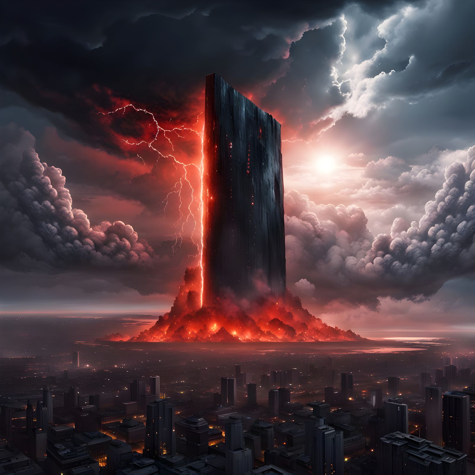 Holographic Villain Mask Above Futuristic City Monolith