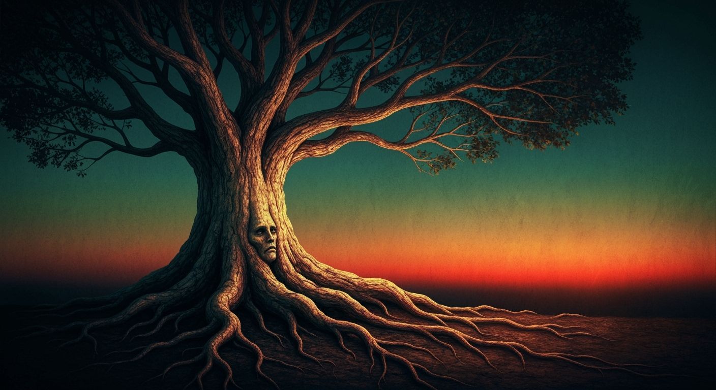 Ancient Tree with Hidden Faces at Twilight