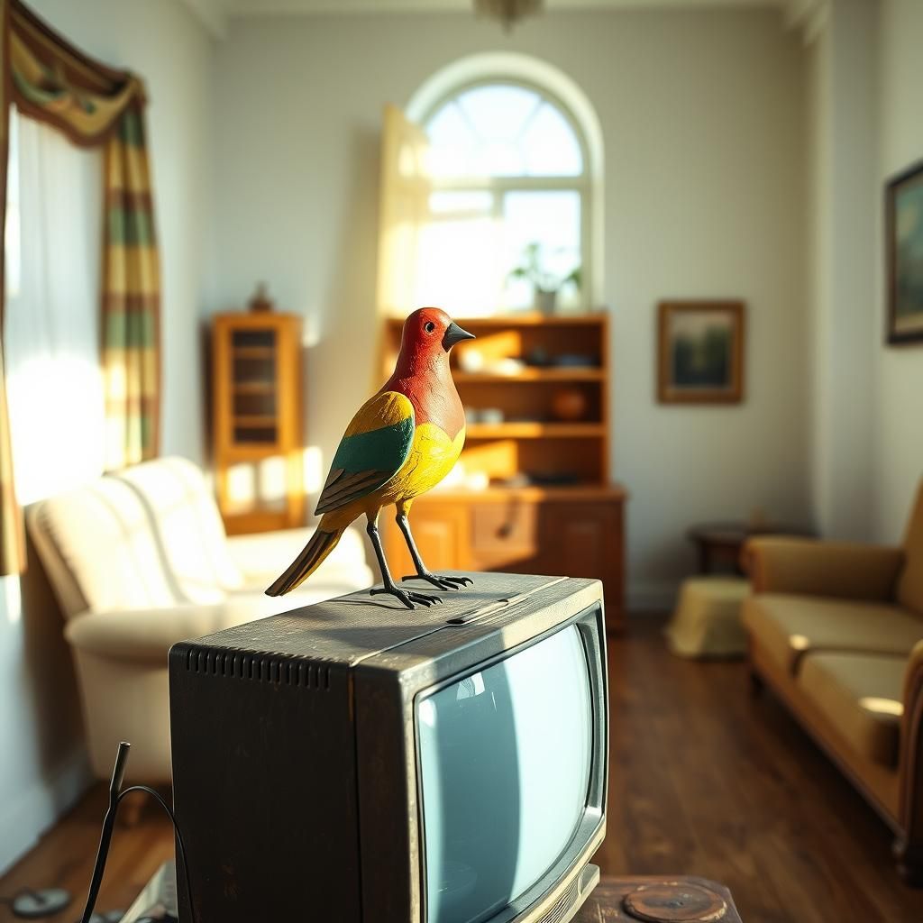 Naive Wooden Bird on Vintage TV