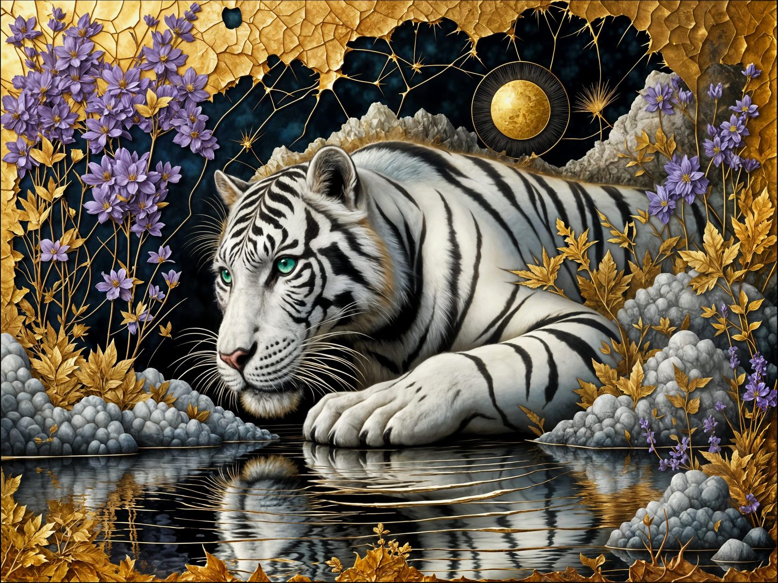 White Tiger Mirrored in Kintsugi, Crinkled Metallics