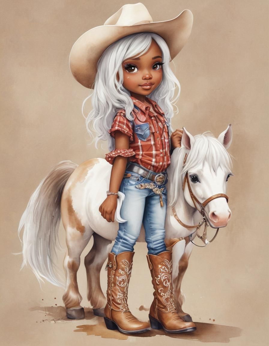 Watercolor Cowgirl: Little Girl and White Pony
