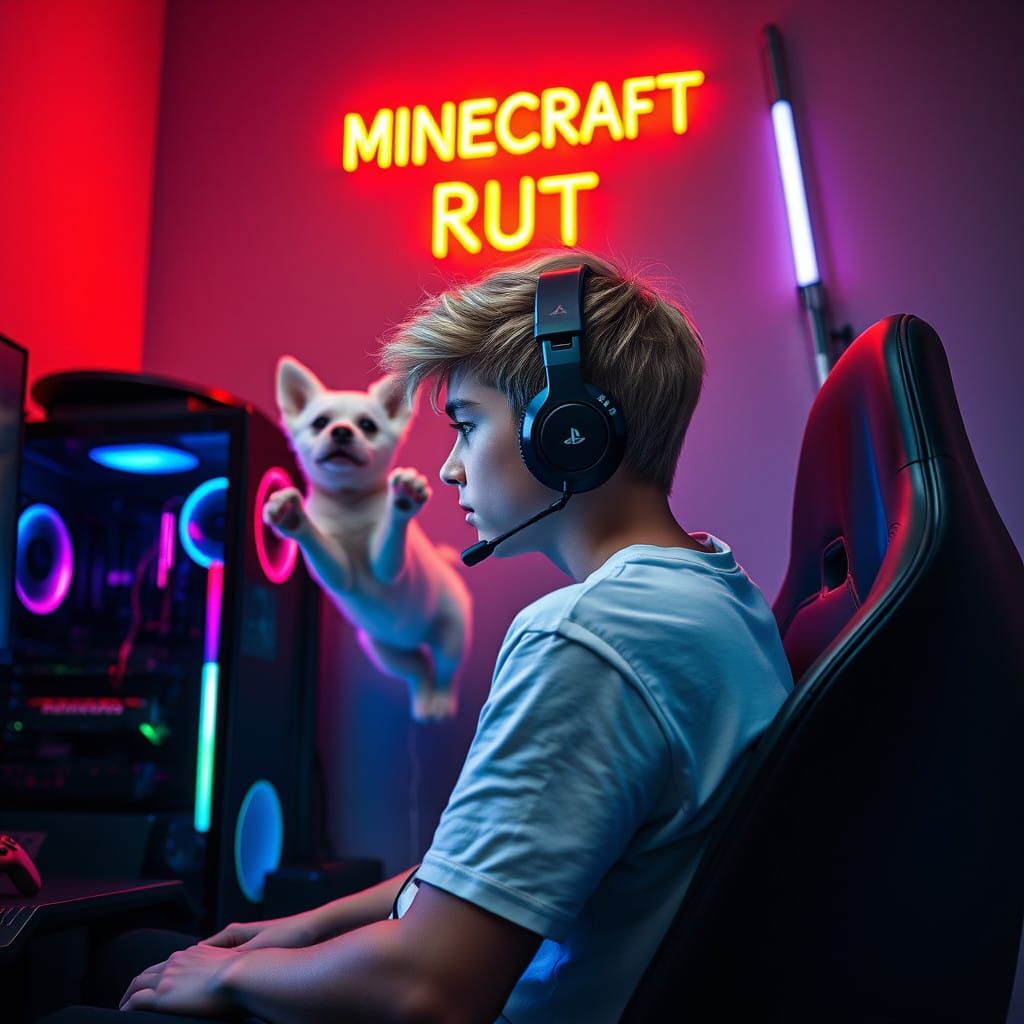 Gamer Boy in High-Tech Haven with Whimsical Puppy
