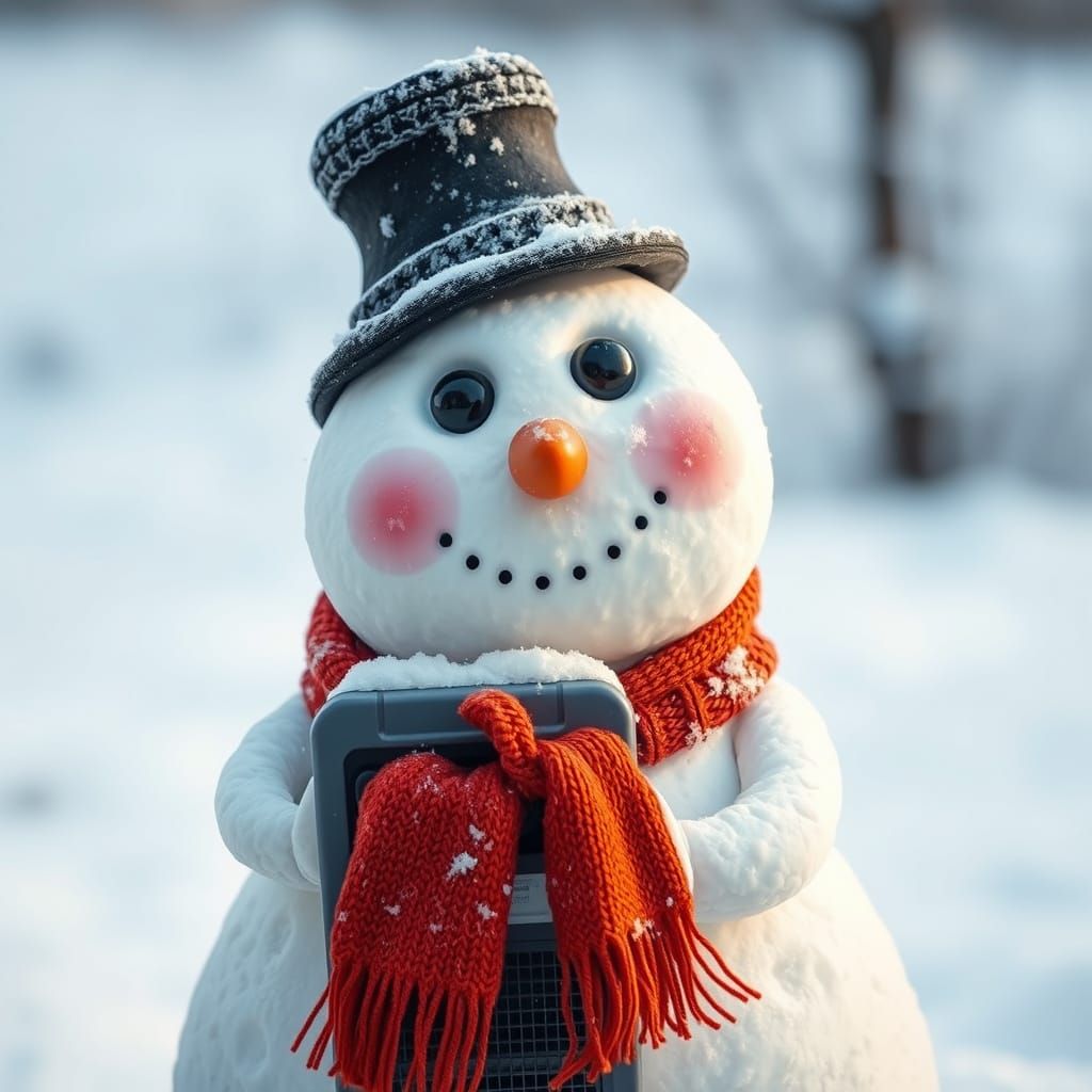 Snowman Hugs Space Heater in Whimsical Winter Scene