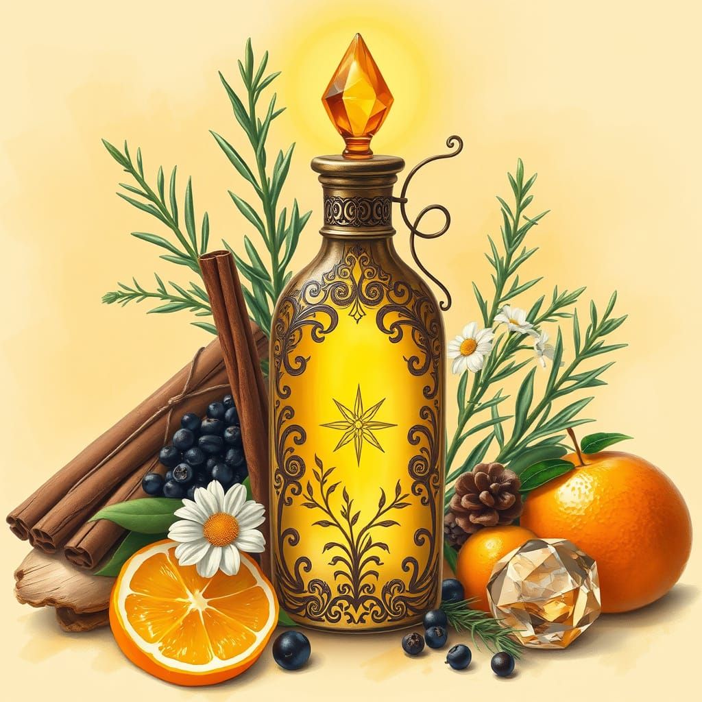 Ornate Elixir Bottle with Citrine Crystal in Art Nouveau Sty...