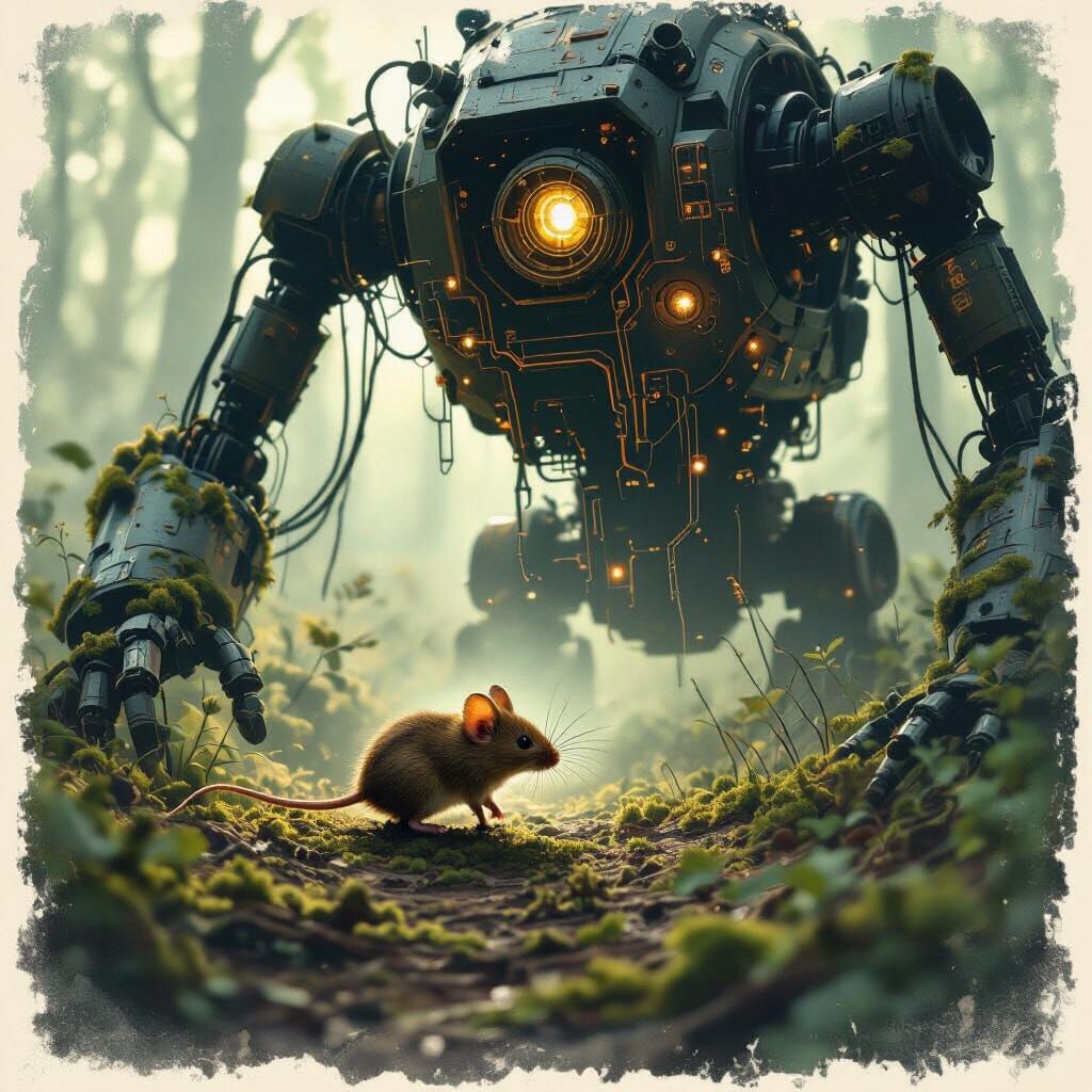 Mouse and Ancient Robot in Overgrown Forest