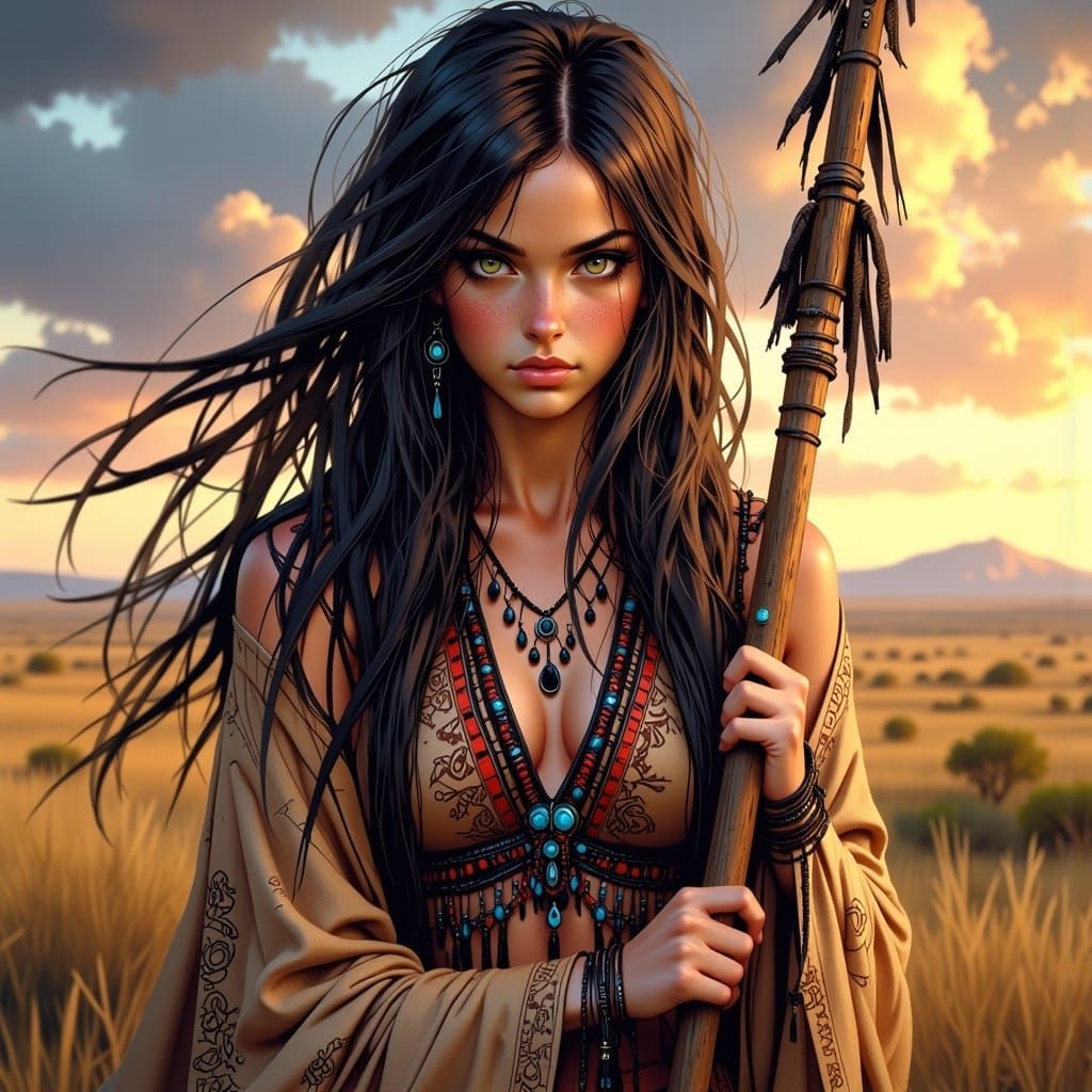 Anime Native American Warrior with Ethereal Glow