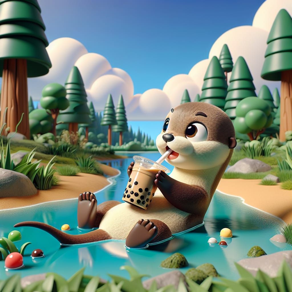 Disney Pixar style 3D adorable baby otter, laying on his back in the water, drinking boba tea, in the wilderness backgro...